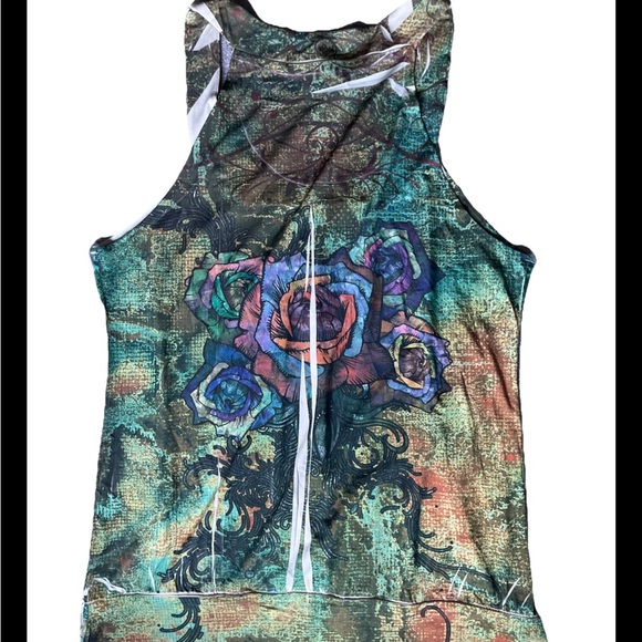 L8ter Blouse Top Women’s XL Green Blue Floral USA Made Whimsy Bikercore EUC - Picture 2 of 9